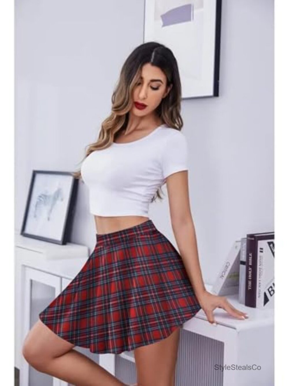 Women's Plaid Mini Skater Skirt High Waist A-Line Stretchable - Picture 4 of 6